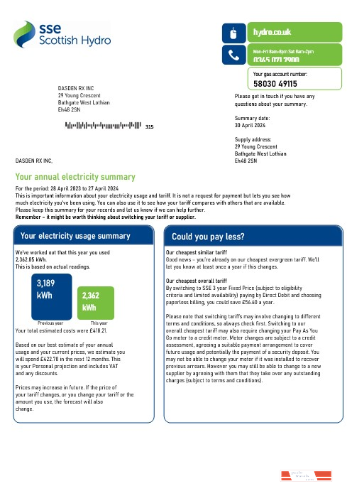 United Kingdom SSE Energy business utility bill template in Word and PDF formats, version 2